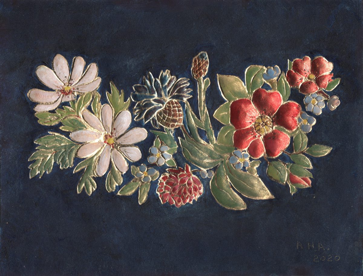 Golden leather flowers on blue background